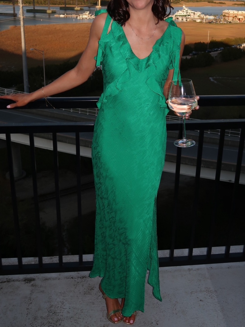 Green V-Neck Ruffle Maxi Dress